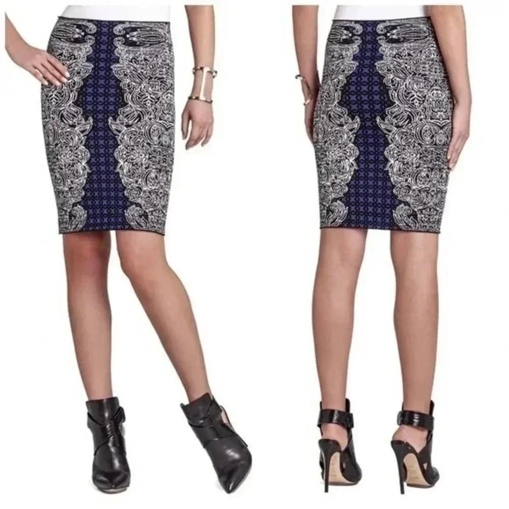 BCBGMAXAZRIA Y2K Irene Tribal Bohemian Stretchy Jacquard Pencil Skirt Size S